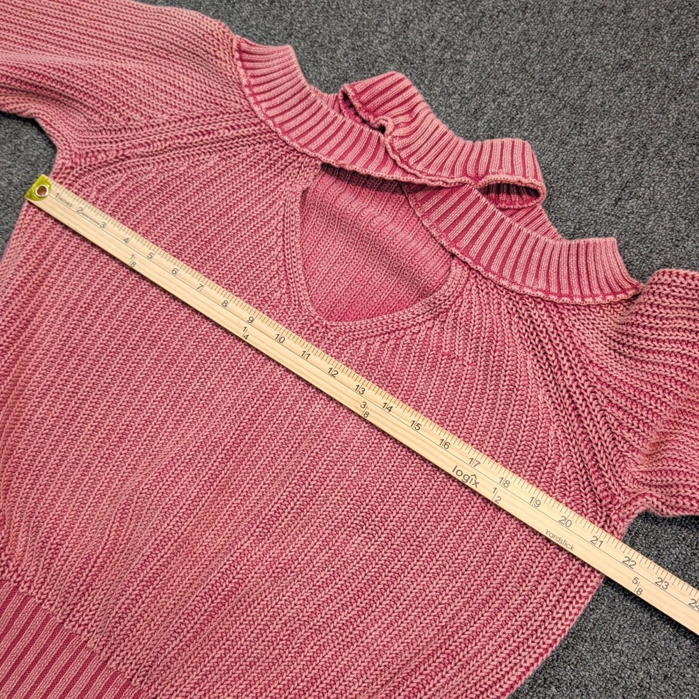 Free‎ People Boho Cold Shoulder V-Neck Sweater XS Pink Cotton Ribbed Chunky Knit - Picture 9 of 10